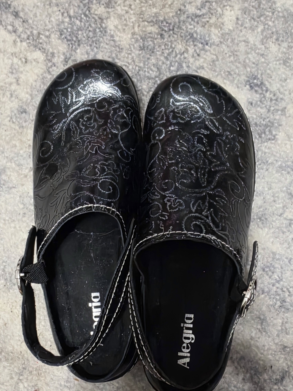 Alegria Black Floral Embossed Slip-On Clog
